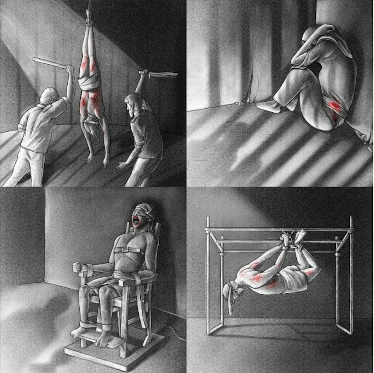 رسوم توضيحية أوردتها منظمة العفو الدولية في تقرير عام 2020 حول أنواع التعذيب في السجون الإيرانية - amnesty.org