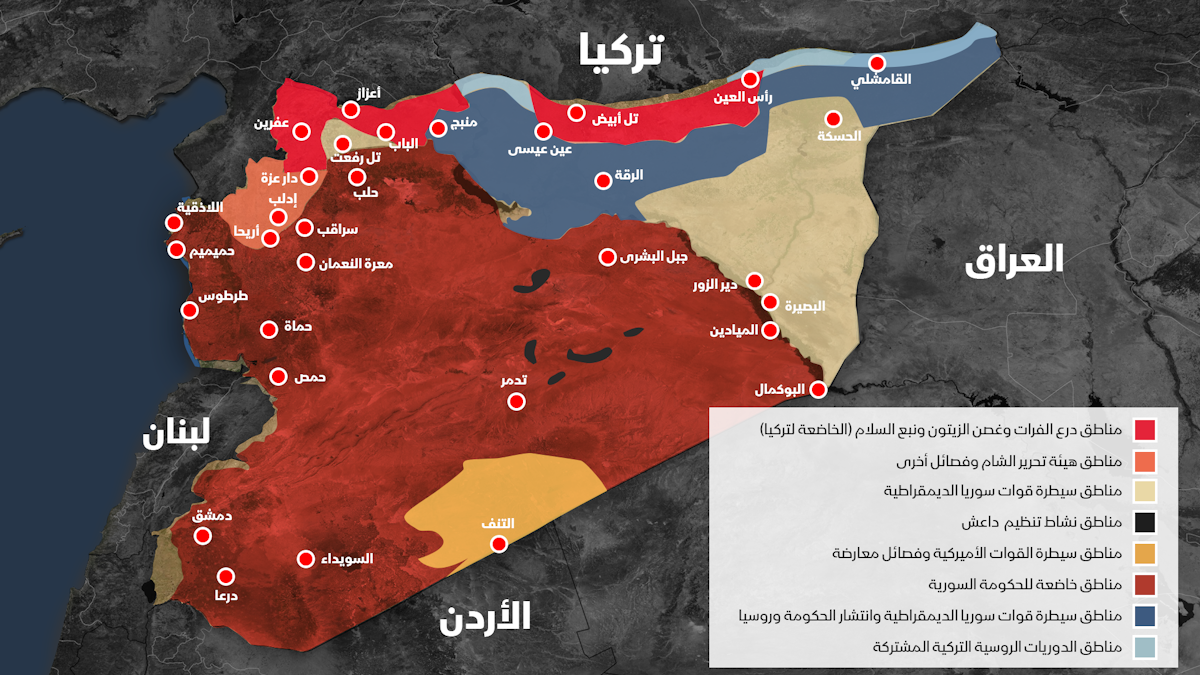 خريطة توزع القوى والنفوذ في سوريا - يونيو 2022. الشرق، "المرصد السوري لحقوق الإنسان"